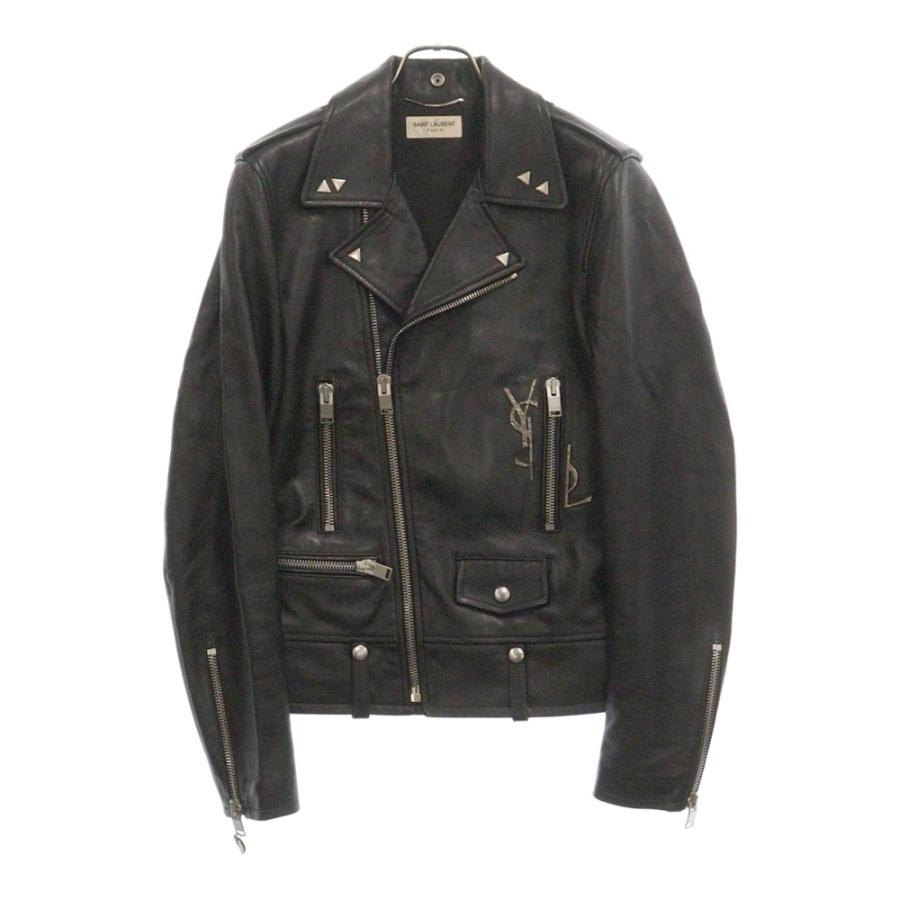 YSL ブラックレザーダブルライダースジャケット