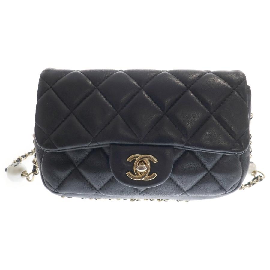 CHANEL シャネル AS1436 マトラッセ スモールフラップ パールデザイン チェーンショルダーバッグ ラムスキン ブラック ゴールド金具 レディース CHANEL（シャネル） AS1436 マトラッセ スモールフラップ パール