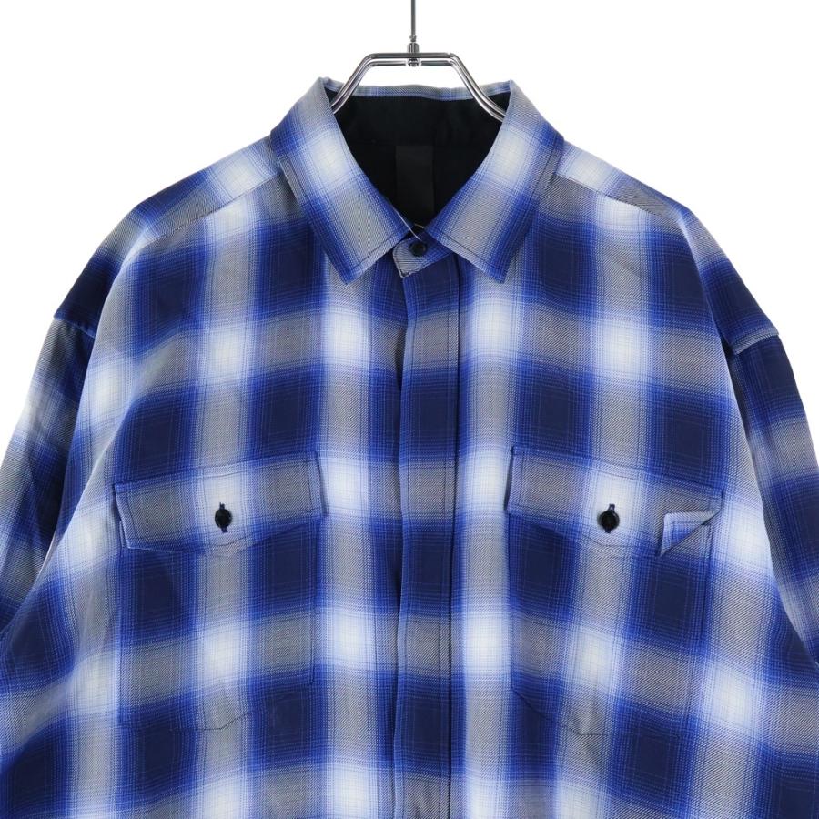 ぶ*】様 CVTVLIST ペイント Drip Check Shirt ブルー cvtvlist カタリスト 21AW ボタンレス カットオフ オンブレチェック