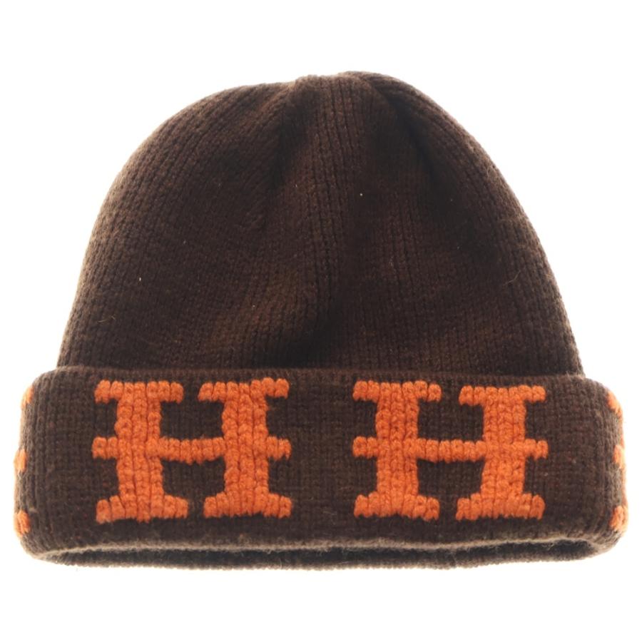 【中古美品】HERMESエルメス　ブラウン ニット帽　カシミヤ100% HERMES（エルメス） H ロゴ カシミヤ ニット帽 ビーニー ブラウン