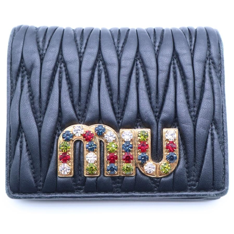 miumiu ミュウミュウ マテラッセ ビジュー レザーツーフォールドウォレット 二つ折り財布 ブラック 5MV204 miumiu ミュウミュウ マテラッセ ビジュー レザーツーフォールド