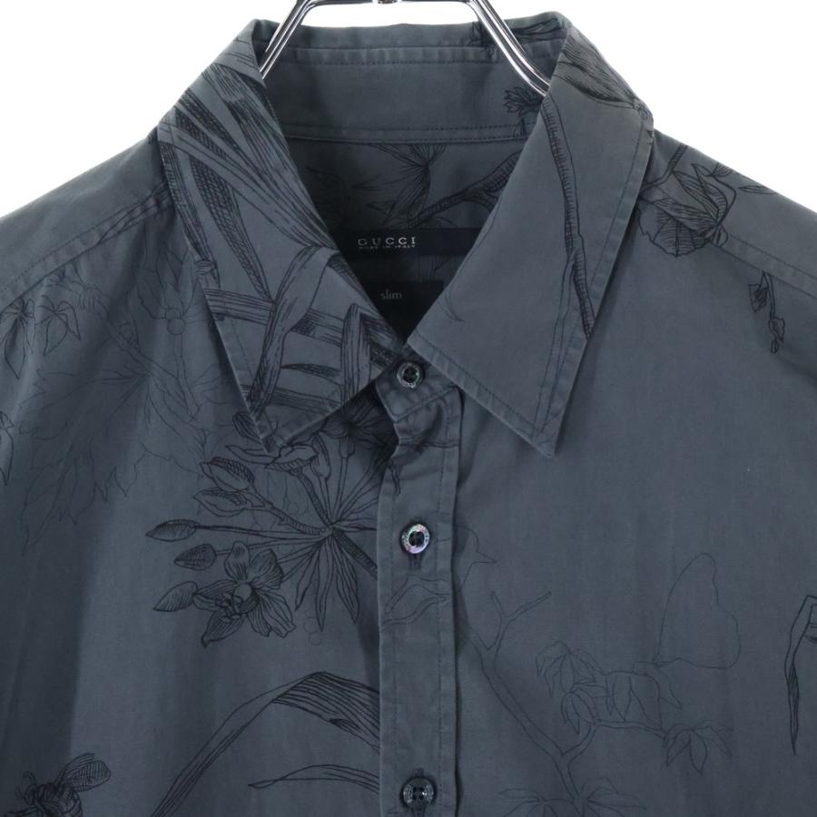GUCCI（グッチ） フラワー総柄 スリム コットン 長袖シャツホ グレー