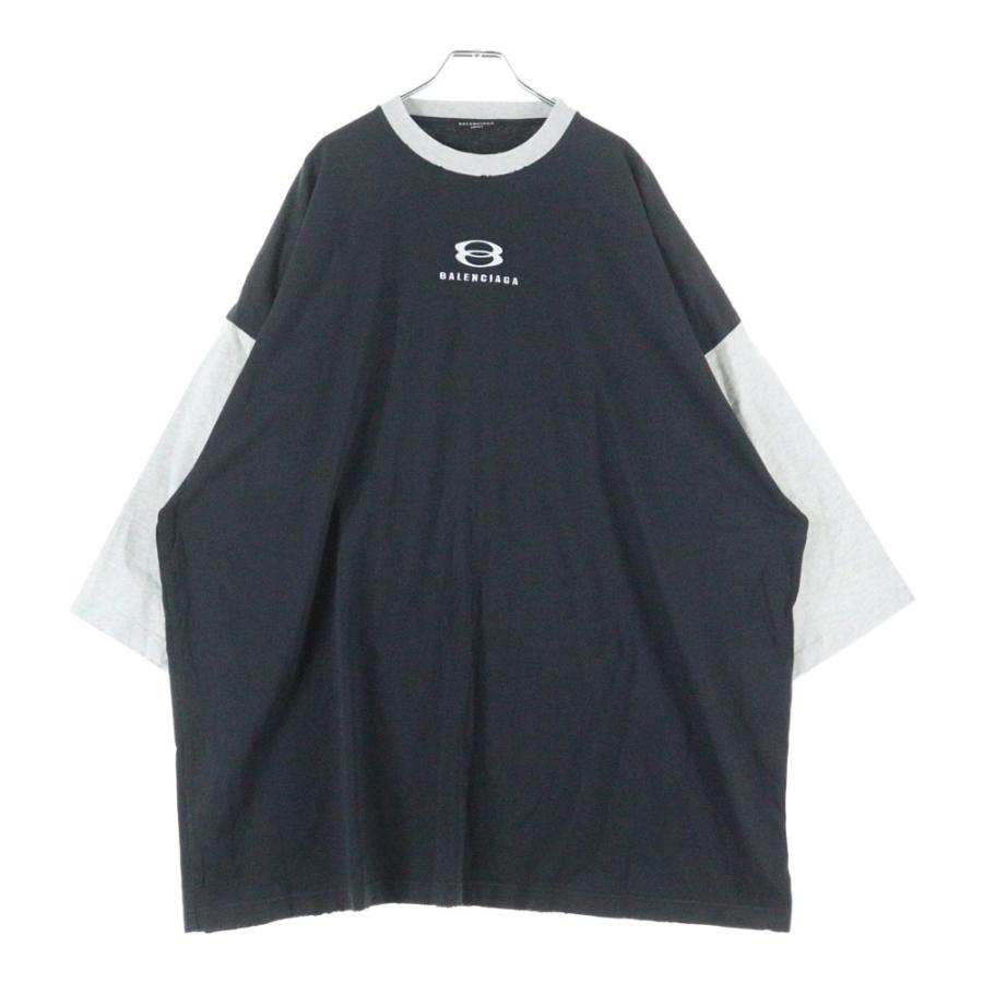 BALENCIAGA（バレンシアガ） ロゴ刺繍 ツートン7分袖 Tシャツ ブラック