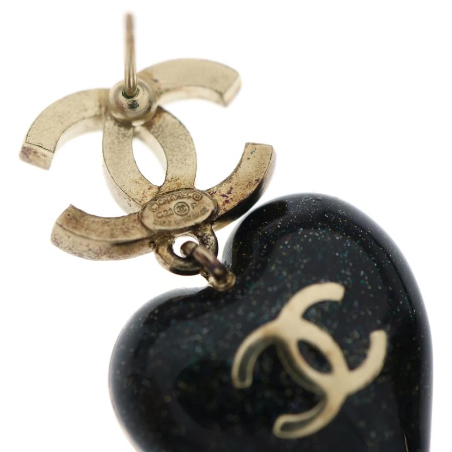 美品**シャネル ピアス ハート ココマーク ラインストーン ブラック×ゴールド CHANEL（シャネル） 送料無料 ココマーク ハート ピアス ライン