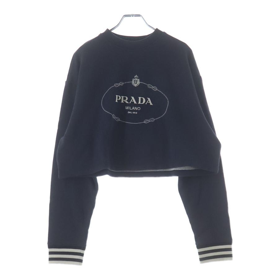 PRADA プラダ 23AW ロゴ刺繍 ストライプリブ クロップド スウェット トレーナー ネイビー レディース 134676 PRADA（プラダ） 23AW ロゴ刺繍 ストライプリブ クロップド スウェット