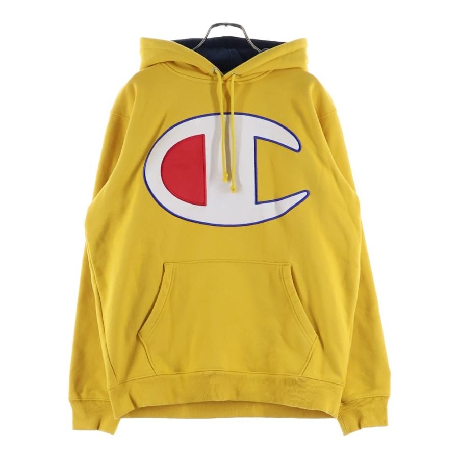 SUPREME シュプリーム 17SS ×Champion Satin Logo Hooded Sweatshirt チャンピオン サテン ロゴ スウェットプルオーバーパーカー イエロー Supreme（シュプリーム） 17SS ×Champion Satin Logo Hooded