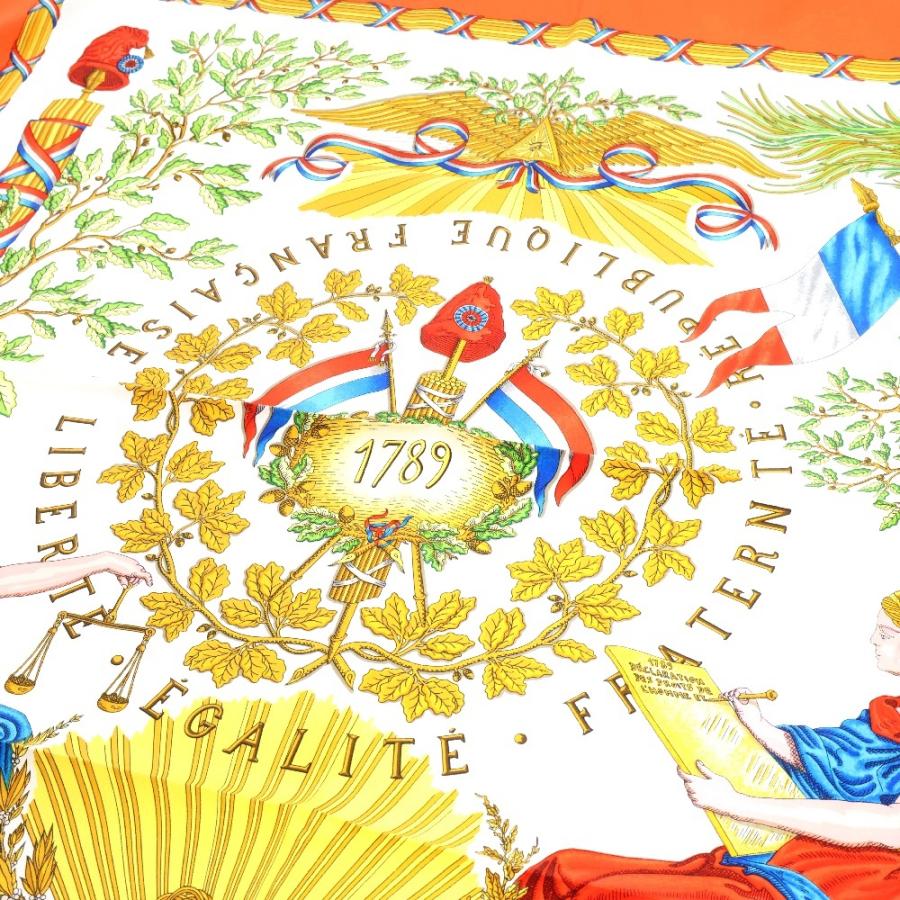 HERMES エルメス カレ90 フランス革命 白×オレンジ シルク HERMES エルメス カレ90 フランス革命 白×オレンジ シルク
