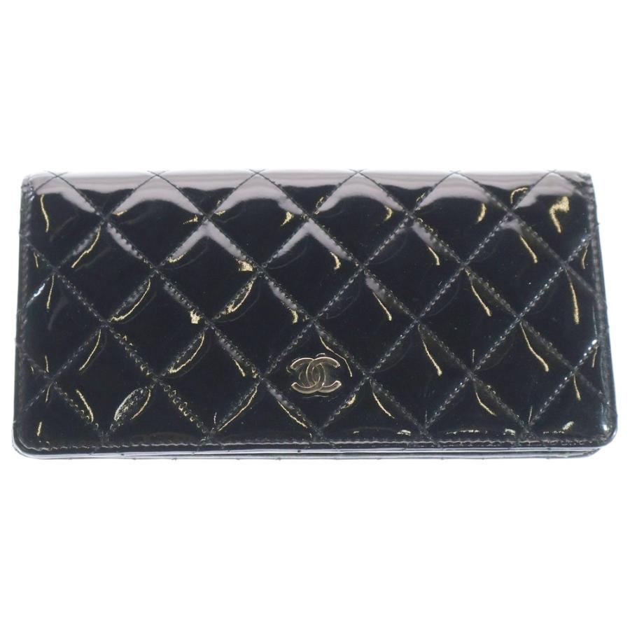 【美品】CHANEL シャネル マトラッセ パテントレザー ブラック系 長財布 CHANEL（シャネル） マトラッセ 二つ折り長財布 黒 パテント : BRING