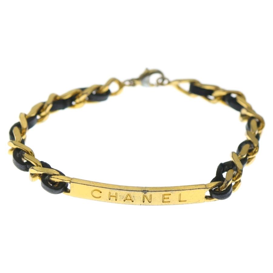 CHANEL チェーンブレスレット ゴールド ブラック CHANEL（シャネル） チェーンブレスレット ブラック×ゴールド レザー