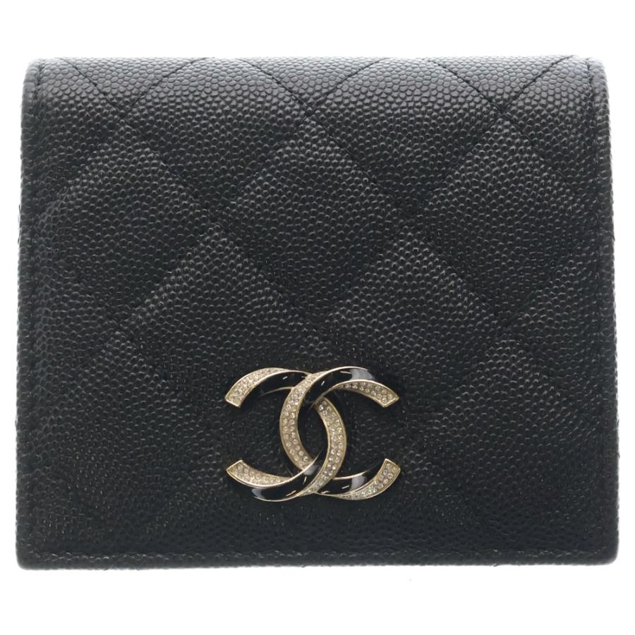 CHANEL マトラッセブラック 二つ折り財布 CHANEL（シャネル） マトラッセ 二つ折り財布 黒 ラムスキン シルバー 小物