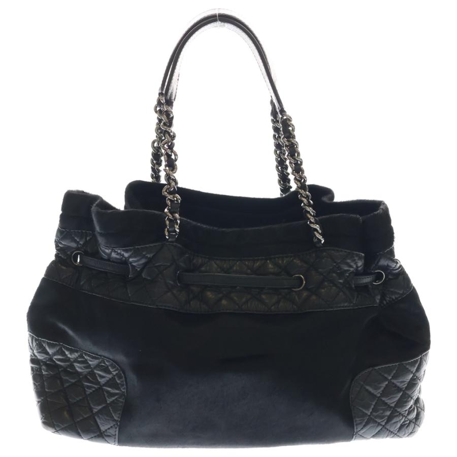 CHANEL シャネル マトラッセ チェーントートバッグ ハンドバッグ ブラック レザー×ハラコ A32499 シルバー金具の画像