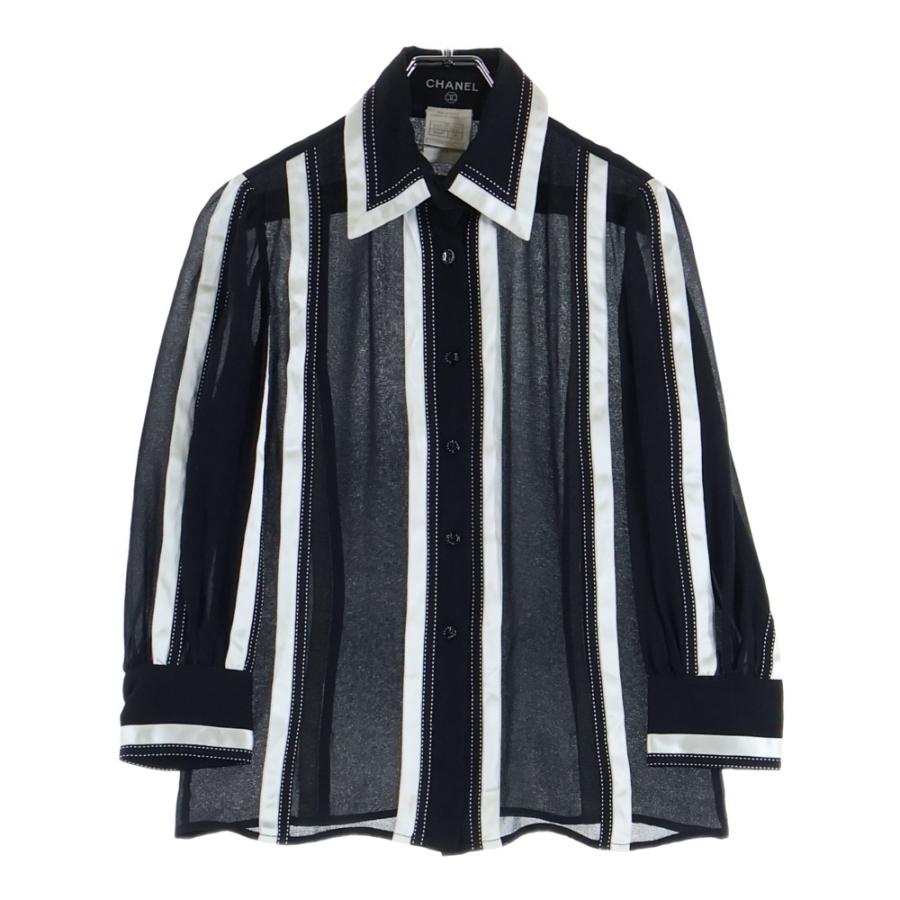 CHANEL シャネル 03P スプリングコレクション リボンストライプ シルク 長袖シャツ ブラウス ブラック レディース P21024V12121 CHANEL（シャネル） 03P スプリングコレクション リボンストライプ