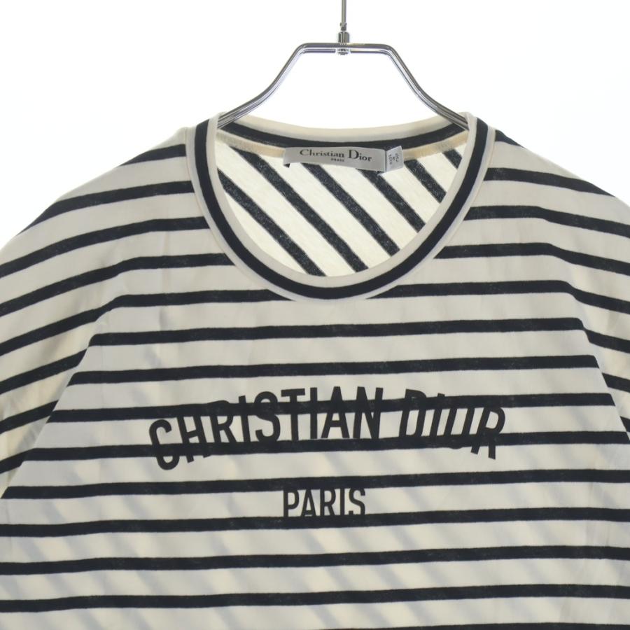 クリスチャンディオール ボーダー総柄 ロゴプリント コットンジャージー 半袖Tシャツ トップス ホワイト/ネイビー レディース 543T15A4235の画像