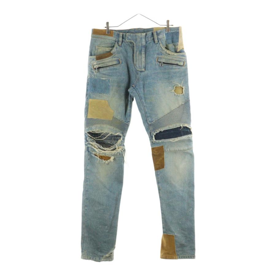 BALMAIN 2015 バイカーデニム　ジーンズ　W30 BALMAIN（バルマン） 15SS シープスキン レザーパッチ クラッシュ加工