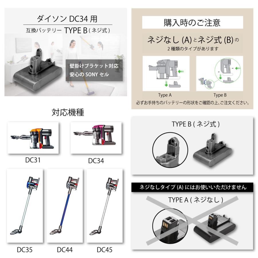 ダイソン DC31 DC34 DC35 DC44 DC45 互換 バッテリー 大容量 2200mAh SONYセル 互換品 ネジ式（Type B）｜shopduo｜02