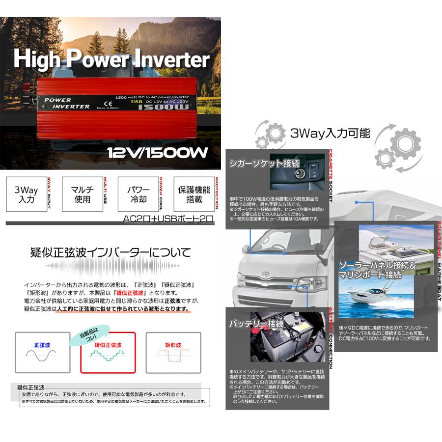 SUNGA インバーター 1500W 最大3000W 車載充電器 保護機能搭載 SUNGA インバーター 1500W 最大3000W 車載充電器 保護機能搭載