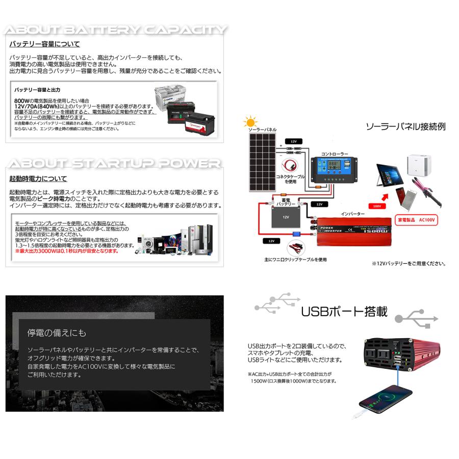 インバーター 1500W 最大3000W 車載充電器 保護機能搭載 DC12V AC100V変換 太陽光発電 カーインバーター｜shopduo｜03