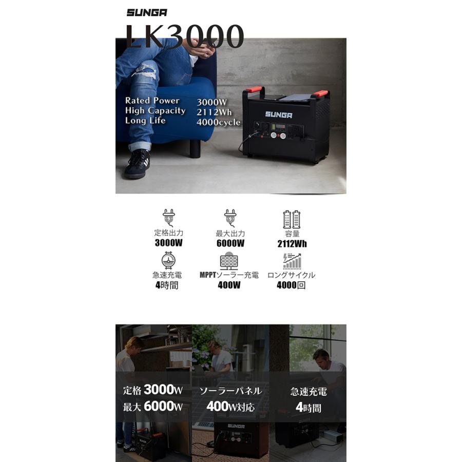 SUNGA ポータブル電源 LK3000 2112Wh 正弦波 3000W出力 大容量 SUNGA ポータブル電源 LK3000 2112Wh 正弦波 3000W出力 大容量