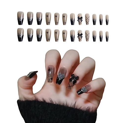 ISHR ネイルチップ ロング 24枚入 黒 つけ爪 3D立体感 手用 損傷のない