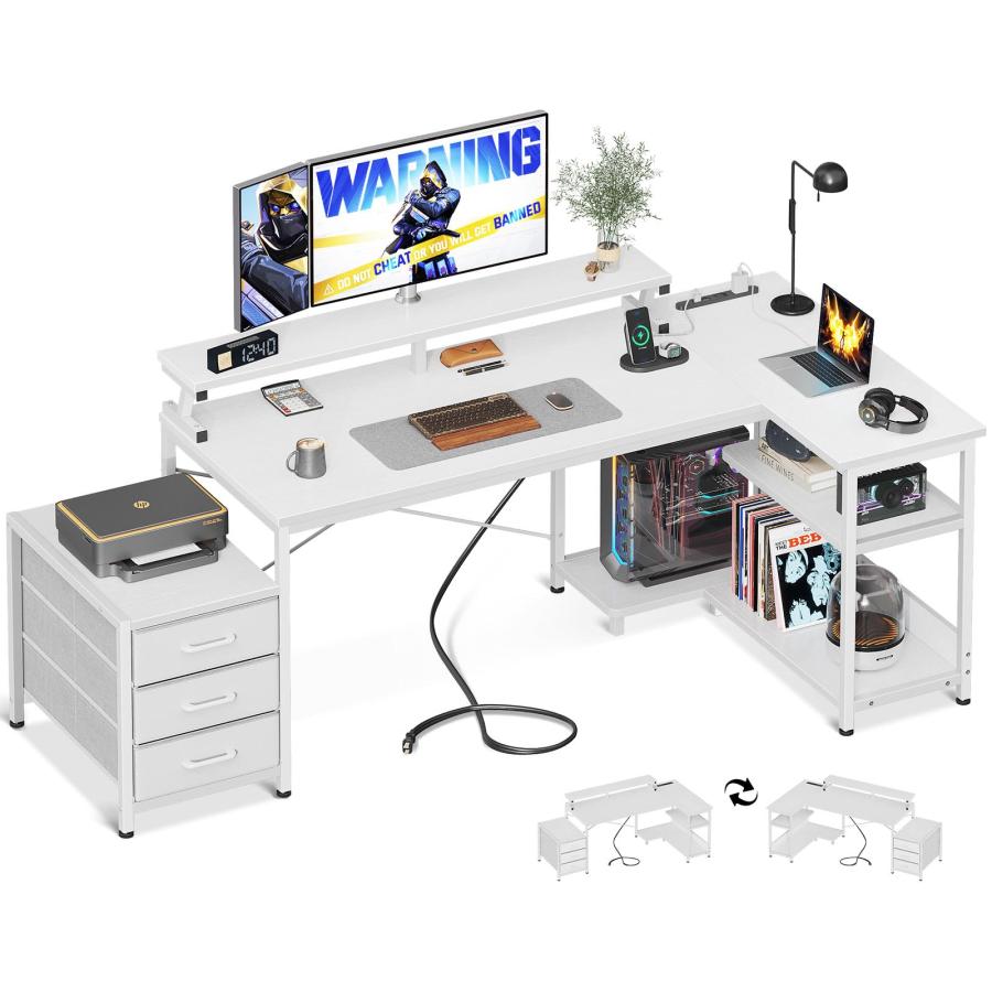 ODK パソコンデスク 引き出し3杯付き ゲーミングデスク コンセント付き  