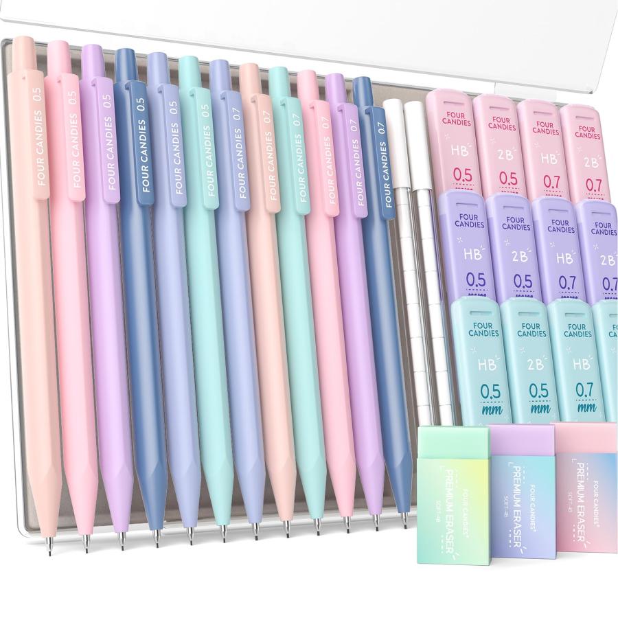 Four Candies 12本シャープペンシルセット - 0.5 & 0.7mm,HB＆2Bシャー