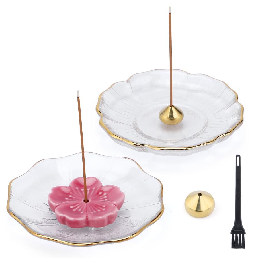 Segarty お香立て 蓮の花香皿 ガラス製 桜ホルダーと水滴真鍮ホルダー