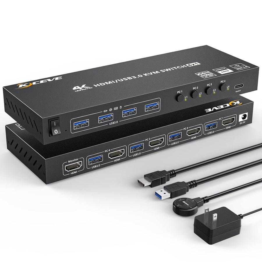 HDMI KVM切替器 4ポート、4入力1出力 PC切替器 4K@60Hz、4つUSB3.0ハブ