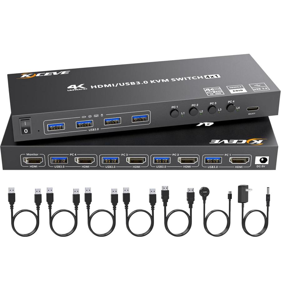KCEVE HDMI KVM切替器 PC切替器 4入力1出力 4K@60Hz EDID機能 4つUSB3