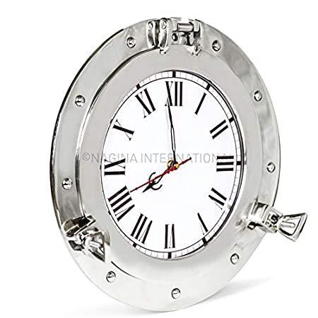 silvery-white LustrousアルミメタルニッケルコーティングプレミアムNautical舷窓ローマの時間時計|海賊の壁装飾アクセント|