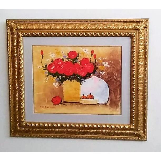 Y・ローナン「赤い花(1)」  油彩画  額縁外寸64.0ｘ54.5ｘ3.5cm  絵41.0ｘ31.8cmＦ6 サイン左下[k-009]