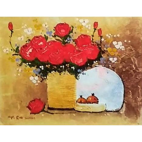 Y・ローナン「赤い花(1)」  油彩画  額縁外寸64.0ｘ54.5ｘ3.5cm  絵41.0ｘ31.8cmＦ6 サイン左下[k-009]の画像