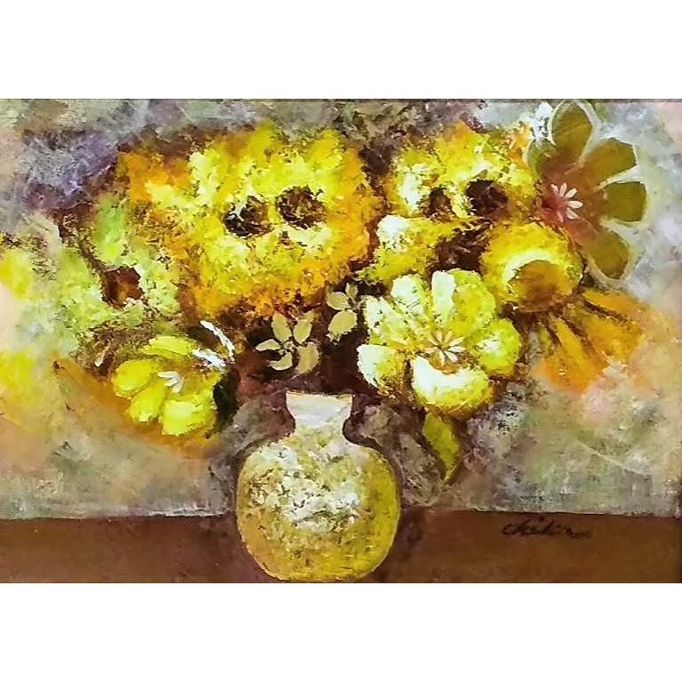 内藤千嘉 「花」 油彩画 額縁外寸48.5x39.5x5.0cm 絵33.3x24.2cm 張