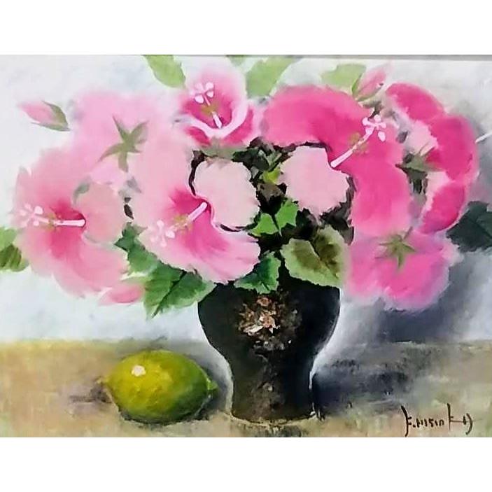 西岡清史「ハイビスカス」 油彩画 額縁外寸53.5x44.5x5.8cm 絵41.0