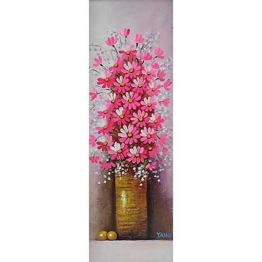 矢野恵子 「赤い花」 油彩画  額縁外寸27.0ｘ56.5ｘ4.5cm  絵16.0ｘ45.5cm 張キャンバスＷＳＭ [k-376]の画像