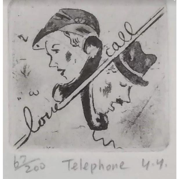 山岡康子「Telephone」額装品 銅版画 67/200 額縁外寸16.5x16.5x2.2cm