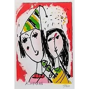 塙賢三「恋人」 リトグラフ 68/200 額縁外寸44.0x37.0x2.5cm 裏ビス