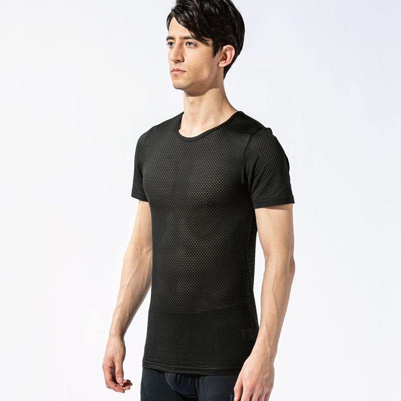 おたふく手袋　メッシュインナー 半袖クルーネックシャツ JW-521 ブラック Lサイズ ３Dファーストレイヤー 黒
