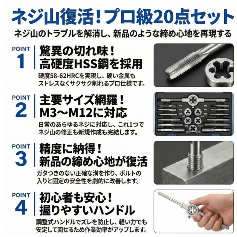 タップダイスセット ネジ穴 ネジ山 補修 修復 20pcs ボルト穴 ネジ切り