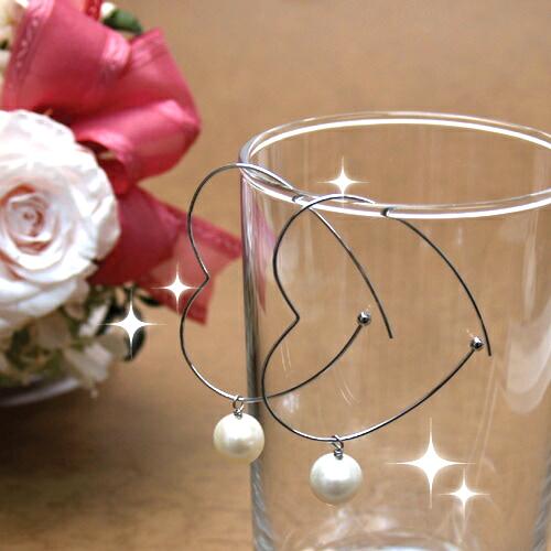 メール便 ハート フープ パール ピアス クロ染 ホワイト 淡水パール 真珠 レディース クリスマス ギフトに プレゼントに | 