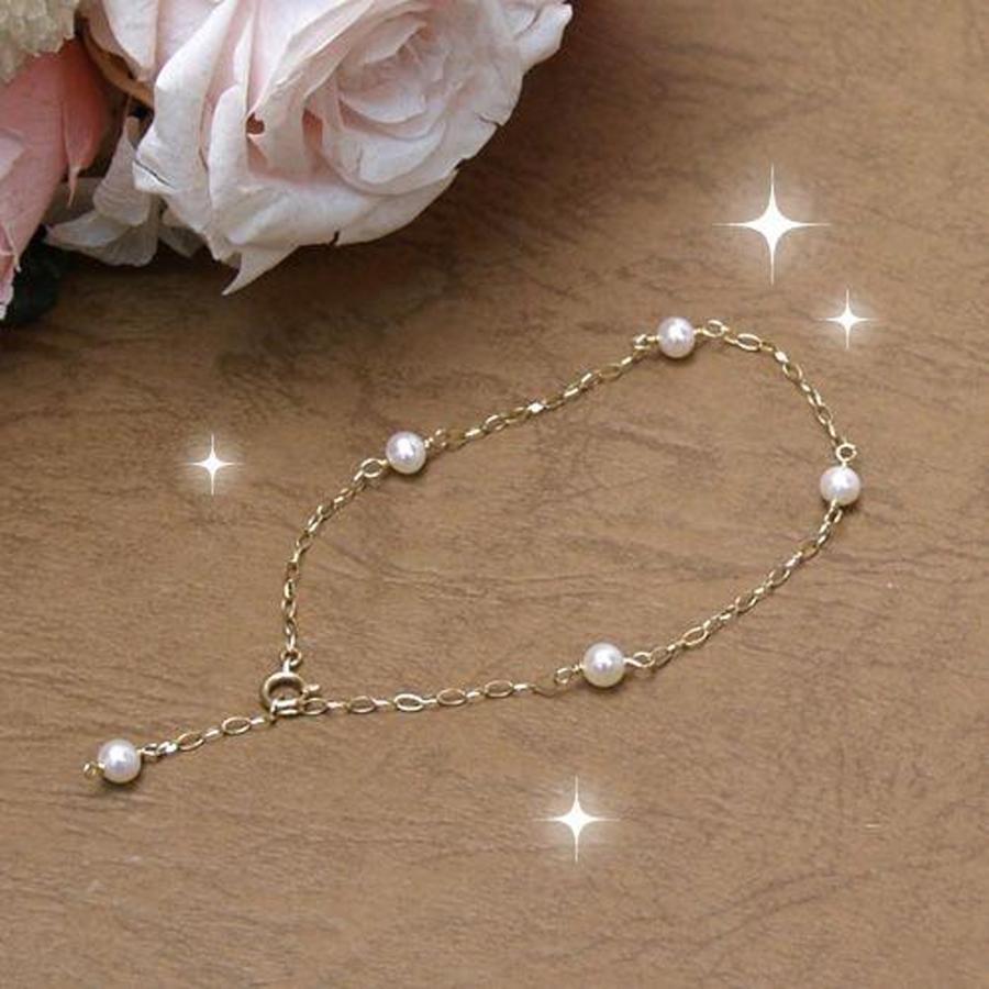 ブレスレット K10 ゴールドチェーン パール ステーション 淡水パール 淡水真珠 4-4.5mm 10金 K10YG バレンタイン ギフトに プレゼントに | 