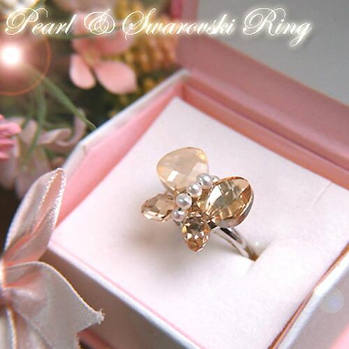 ギフトケース入り スワロフスキー ちょうちょ リボン 淡水パール リング ブラック 淡水真珠 クリスマス ギフトに プレゼントに | 