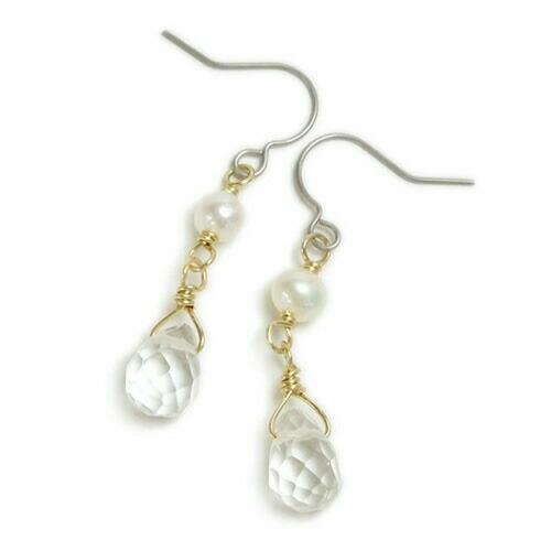 メール便 淡水パール ＆ ドロップ 水晶 ピアス イヤリング 淡水真珠 クリスタル 淡水パール フックピアス レディース チタンピアス | 