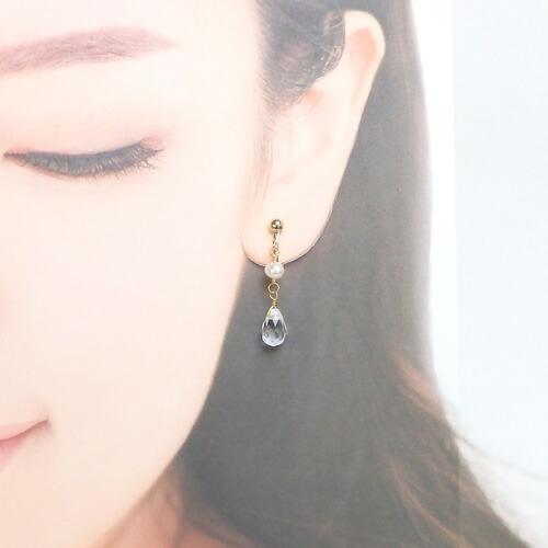 メール便 淡水パール ＆ ドロップ 水晶 ピアス イヤリング 淡水真珠 クリスタル 淡水パール フックピアス レディース チタンピアス |  | 02