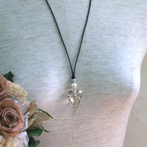 ネックレス エレガンス ハート ペンダント 真珠 ＆ スワロフスキー クリスタル 淡水真珠 淡水パール サテン紐 爆買 |  | 03