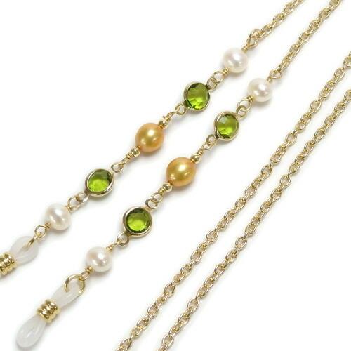 メール便 淡水真珠 メガネチェーン グリーン シャネルストーン ゴールドパール 淡水パール 眼鏡 チェーン グラスコード めがねチェーン 緑 マスクチェーン | 