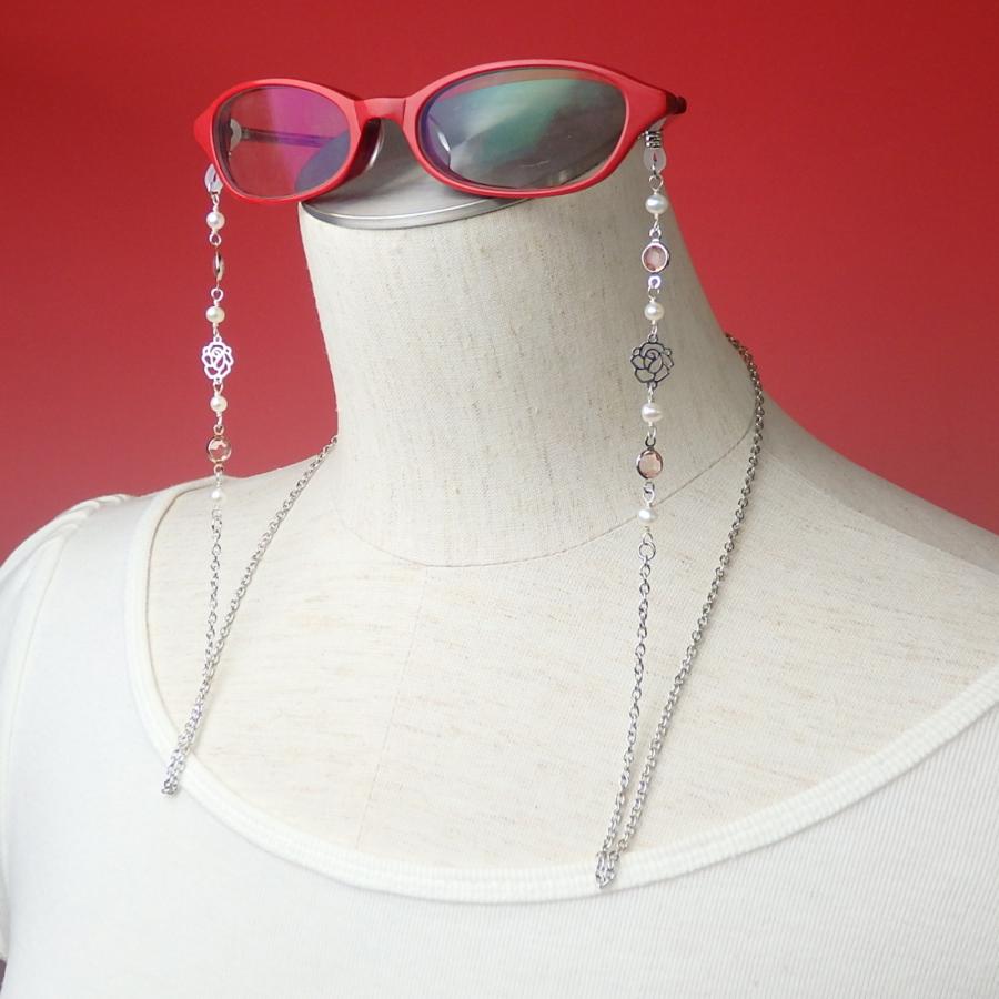 メール便 メガネチェーン ローズ ＆ シャネルストーン 淡水パール 淡水