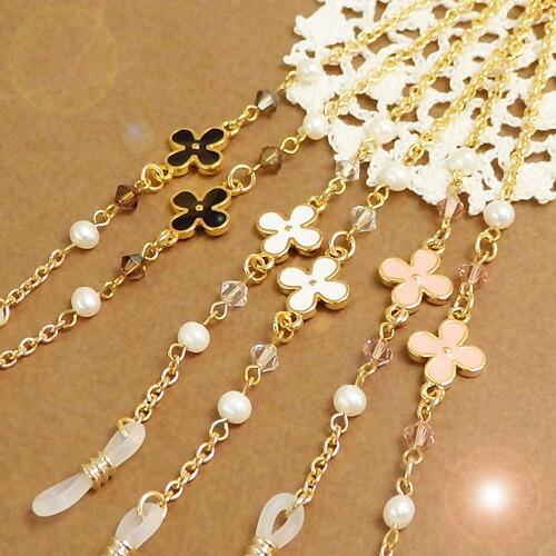 メール便 お花とパールとスワロフスキー メガネチェーン 眼鏡チェーン グラスコード めがねチェーン 淡水真珠 クリスマス ギフトに プレゼントに | 