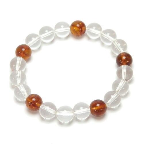 琥珀 ＆ 水晶 ブレスレット 10mm玉 コハク アンバー クリスタルクォーツ 念誦 ブレスレット 風水 パワーストーン ブレス バレンタイン ギフトに プレゼントに | 