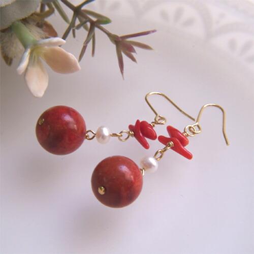 メール便 サンゴ ＆ パール ピアス イヤリング 淡水真珠 スポンジサンゴ 珊瑚 レディース おしゃれ クリスマス ギフトに プレゼントに |  | 04