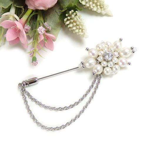 ハットピン ブローチ パール トラッド 淡水真珠 お花 淡水パール チェーン クリスマス ギフトに プレゼントに | 
